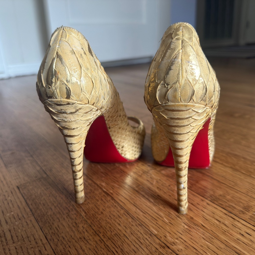 Christian Louboutin Python Peep Toe Pumps Gold Metallic Red Bottom Heels Size 37 - Picture 3 of 7